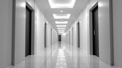  Endless Hotel Hallway with Diminishing Perspective and Symmetrical Doors Leading to Unknown Destinations