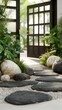 © pvl0707 - Japanese style garden view from modern house with sliding doors and podium for display on tatami floor