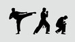 © Ultimate - a silhouetted depiction of three figures engaged in martial arts practice showcasing a dynamic kick a fighting stance and a kneeling pose high quality professional detailed