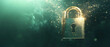 © Red - Commercial cybersecurity stock artwork, forest green background with elegant brass tones, 4D brass security lock with solid depth and light movement effect, minimal digital background, clean copy spac