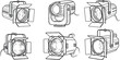 © Kamran - Outline illustration set of 4 stage lighting fixtures par can spotlight fresnel light moving head and floodlight