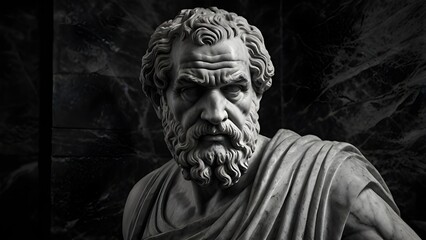  An ancient Greek philosopher, intense facial expression, deep wrinkles, dramatic side lighting, dark background, Marble Statue 
