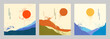 © VVadi4ka - Vector illustration. Set of abstract landscapes in Japanese style with mountains, sun, and ink splatters. Contemporary artistic backgrounds with grunge texture andminimalist oriental design