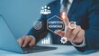 © Myimages - Competitive Advantage Concept. The key to business success. Working on laptop, competitive advantage with the icons of innovation, differentiation strategy, value creation, performance and achievement