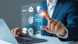 © Myimages - Competitive Advantage Concept. The key to business success. Working on laptop, competitive advantage with the icons of innovation, differentiation strategy, value creation, performance and achievement