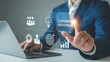 © Myimages - Competitive Advantage Concept. The key to business success. Working on laptop, competitive advantage with the icons of innovation, differentiation strategy, value creation, performance and achievement