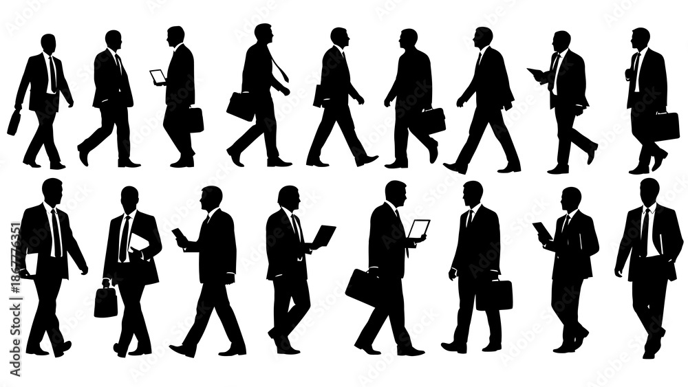 Black silhouette of people in business attire walking and working on ...