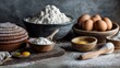 © Plaifah - Flour, eggs, and baking ingredients arranged on a rustic kitchen countertop for a delicious homemade recipe preparation and culinary experience