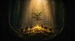 © Margarita Ratatosk - Small tree with glowing roots and wildlife in a mystical forest. Concept of life, nature, and the creation of living things. Genesis inspiration.