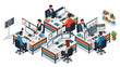 © faizart - Diverse professionals collaborate efficiently within a modern isometric office, diligently analyzing financial data and business analytics on multiple computer screens.