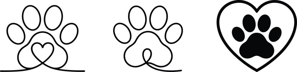 Naklejka na meble Minimalist dog cat paw print heart line art vector set for pet lovers veterinary clinic and animal branding