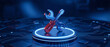 © Ajay - 3D wrench crossed tools on circuit. Red blue metallic wrench repair service digital tech background.