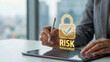 © Naret - Risk management lock icon digital tablet high level financial planning concept visualization