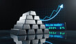 ©  Visual Pioneer - Silver bars stacked in pyramid shape with bullish market graph in background, indicating financial growth
