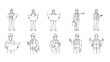 © Gennyson Marinho - A detailed collection of line art illustrations showcasing various construction workers in hard hats and safety vests holding blueprints and giving instructions.