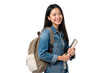 © The Stock Guy - Smiling young Asian female college student holding a book and wearing a backpack, isolated on transparent background