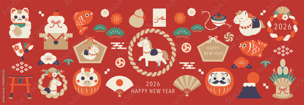 Happy New Year 2026 Japanese New Year elements vector illustration with horse zodiac, daruma, fans, lanterns and lucky icons on red background. Festive design for banners, posters and greeting cards.