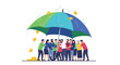 © Nous - Diverse Group of People Protected by a Large Blue Umbrella from Raining Gold Coins