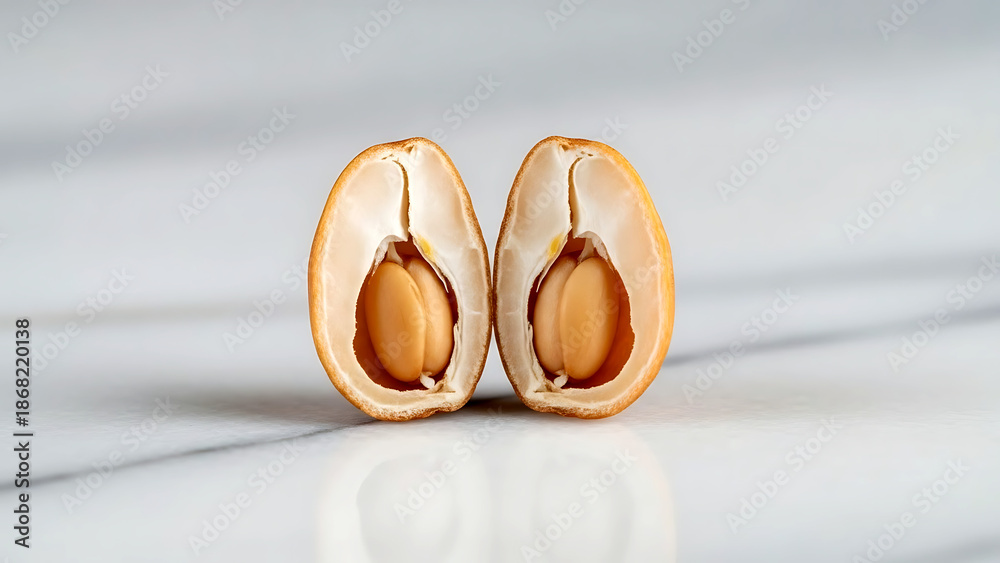 Zen meditation object of a single sesame seed split open on white ...