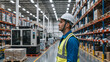 © Vyatcheslav - Industrial worker wearing safety vest and hard hat inspecting a modern warehouse. Male factory supervisor looking at logistics inventory. Manufacturing and distribution concept