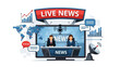 © Eshal - Live news broadcast with anchors at a desk world map charts and satellite dish representing global communication and information