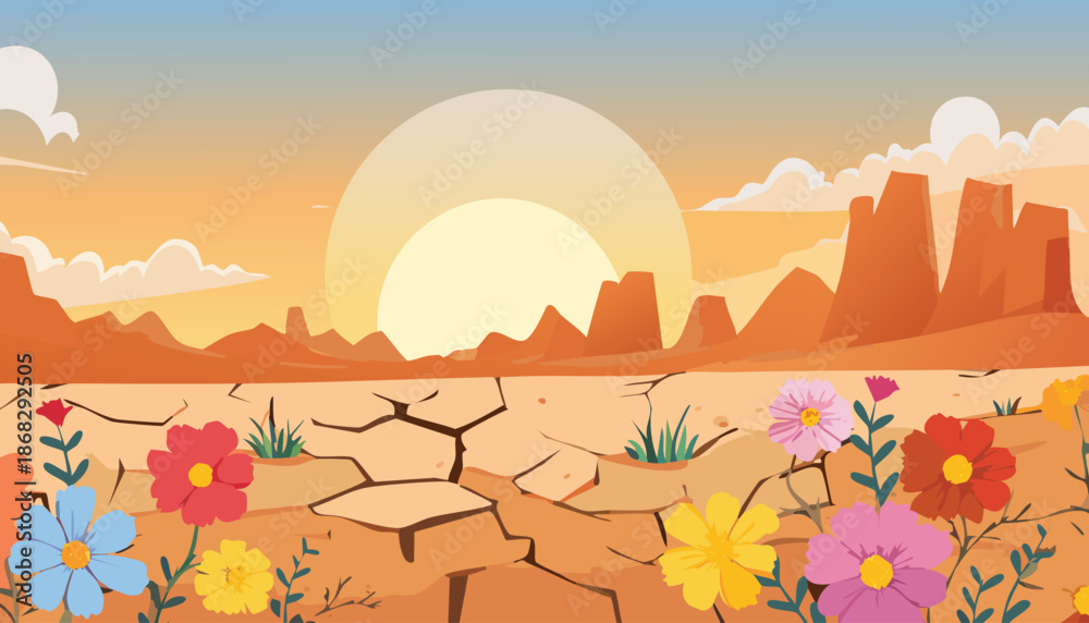 Desert Sunset Oasis: A vibrant, colorful cartoon scene of a desert landscape at sunset, showcasing cracked earth, blooming flowers, and majestic rock formations under a warm, inviting sky. 