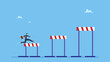 © Saklarboy - Ambitious businessman jump over hurdles to find higher obstacles. Business challenge, overcome difficulty or obstacle to achieve business success, effort, skill or aspiration to solve problem.