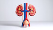 © MIQ - Anatomical 3D model of the human urinary system showing kidneys, arteries, veins, ureters, and bladder on a white background.