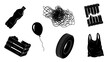 © @_ greta - Black and white waste icons bottle balloon tire boxes bag thread isolated