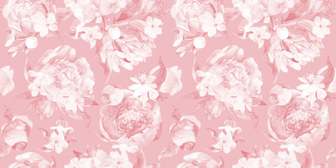  Delicate monochrome pattern with peony flowers in shades of pink. High quality photo