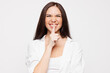 © ViDi Studio - Funny young woman with slim fit body perfect skin wear lingerie underwear cotton shirt she smiling gently touching lips isolated on plain solid white background studio portrait Lifestyle diet concept