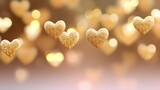A celebratory scene featuring numerous shimmering gold heart shapes scattered across a soft background filled with warm glowing bokeh lights evoking feelings of love joy