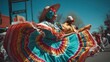 © Hafiz - Vibrant Mexican Folkloric Dancer in Traditional Costume Celebrating Culture at Outdoor Fiesta Parade with Colorful Skirt and Hat