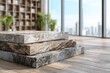 © Kopi - Three stacked stone tiles displayed near a window overlooking a cityscape