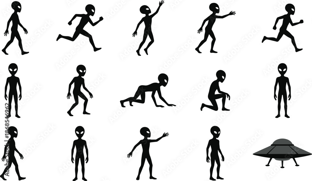 Set of alien character silhouettes in walking, running, jumping and crawling poses with UFO spaceship, black vector sci-fi icons isolated on gray background for game design, animation and illustration