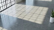 © CK Studio - Modern empty concrete room with large window, natural light casting grid shadows on polished floor, featuring a minimalist snake plant.
