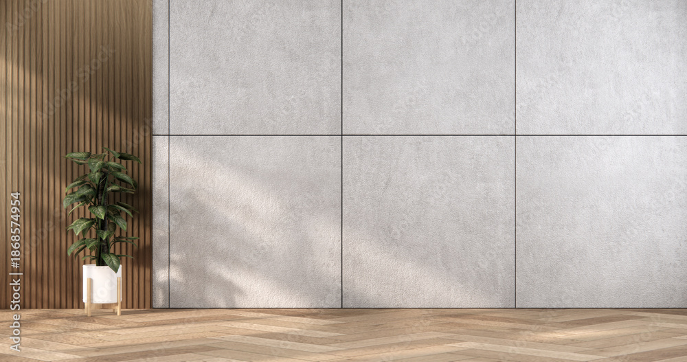 Mock up interior concept Empty room wood docoration wall on tiles floor. 3D illustration rendering