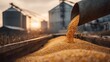 © Pixels by Nazrul - Corn kernels pouring from an auger into a trailer during harvest at sunset with grain silos in the background