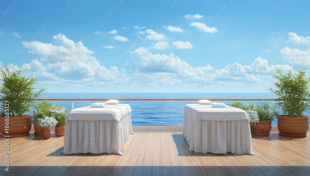 Two spa beds on a deck overlooking the ocean.  Sunny day, tranquil scene