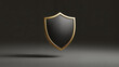 © MargoD - Levitating matte black defensive shield with golden frame, dark moody colors, premium cybersecurity and antivirus protection symbol with copy space