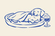 © Victoria - Dachshund on bed with wine glass doodle outline vector illustration