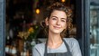© Polpimol - Portrait of a happy owner standing at the door of cefe shop, a cheerful adult waiter waiting for customers at a coffee shop, successful small business owner, professional, service