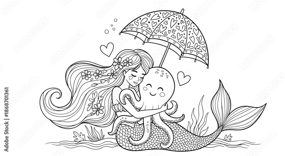 Hugging Octopus Beautiful line art illustration of a mermaid hugging a cute octopus ...