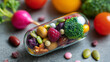 © Nataliya - Medicine health concept display, nutritional supplement vitamin capsule, fruit vegetables nuts beans, nutrient pill inside visualization, dietary wellness representation, with copy