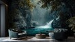 © Fiverr/fazilazia703 - Luxury living room interior featuring a dramatic jungle waterfall photowall mural, dark velvet armchairs, and contemporary wood and concrete elements.