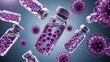 © ALAUDDIN - Purple medical vaccine vials floating with virus cells in scientific research