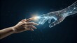 © Faizan - Two hands reaching toward each other, one human and one made of digital AI particles, neural network glow between them, future technology concept, dark background, no face