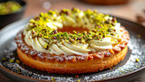 Baked round pastry with sweet cream, crushed pistachio topping, sugar dust, golden brown crust