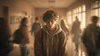 © Kristina - A sad teenage boy with curly hair walks alone in a blurry school hallway, surrounded by other students, symbolizing loneliness, depression, and social anxiety.