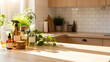 ©  AtlAnt - Various reusable bottles and green plants arranged on a sunlit modern kitchen counter for sustainable home cleaning concept with ample copy space